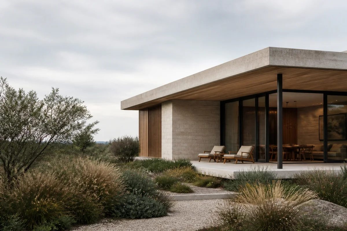 Modern limestone and timber house in a planted landscape