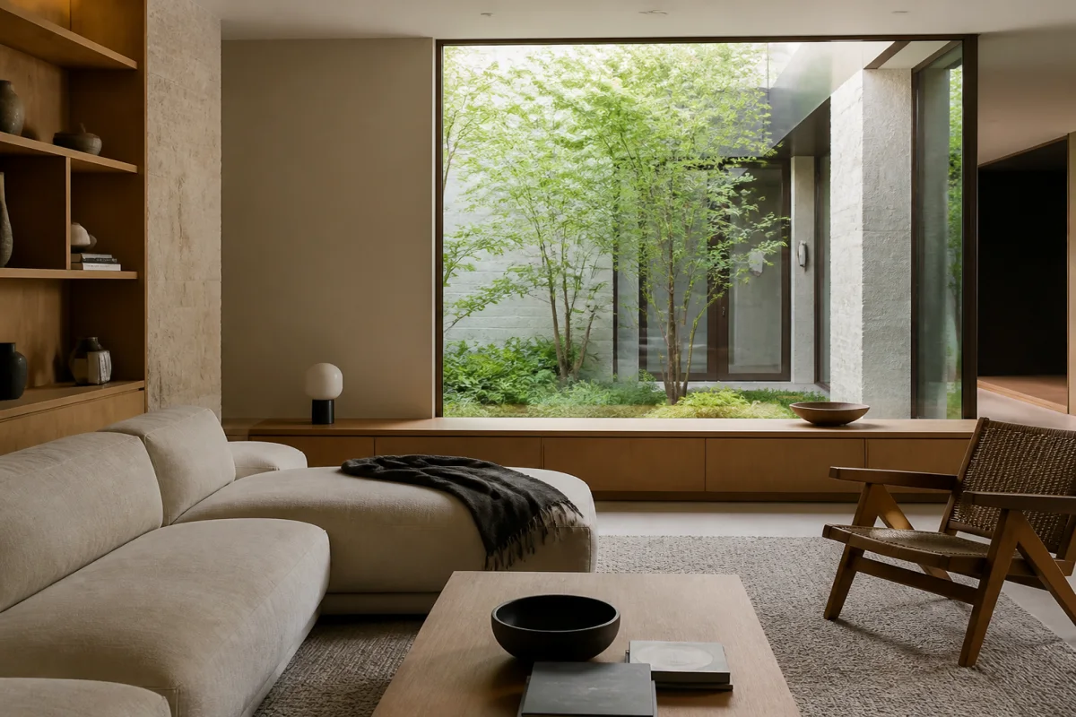Warm modern living room opening onto a green courtyard